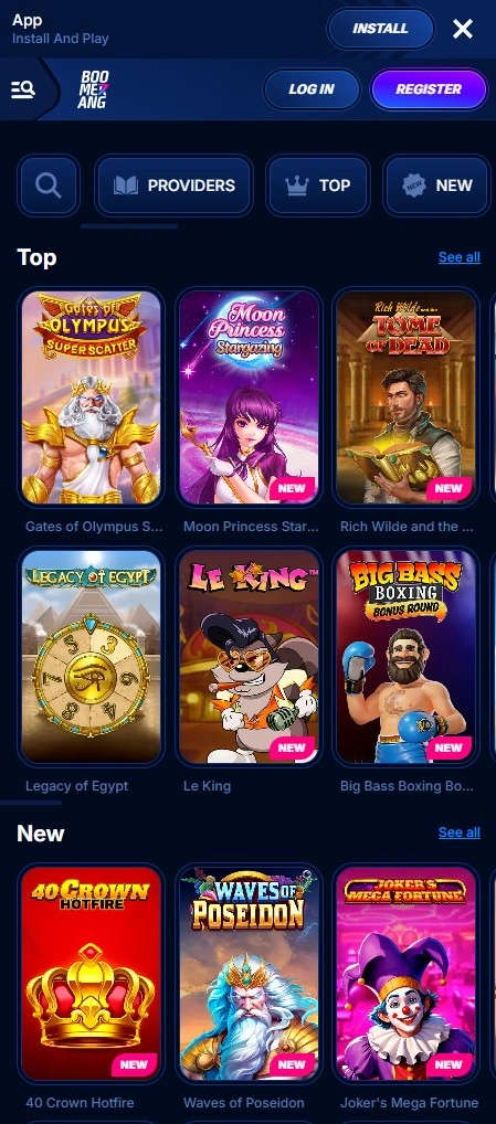Vielfältige Spielauswahl auf dem Handy im Boomerang Casino